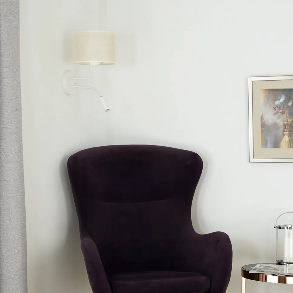 Rulle væglampe, jute, hvid/beige, læselampe