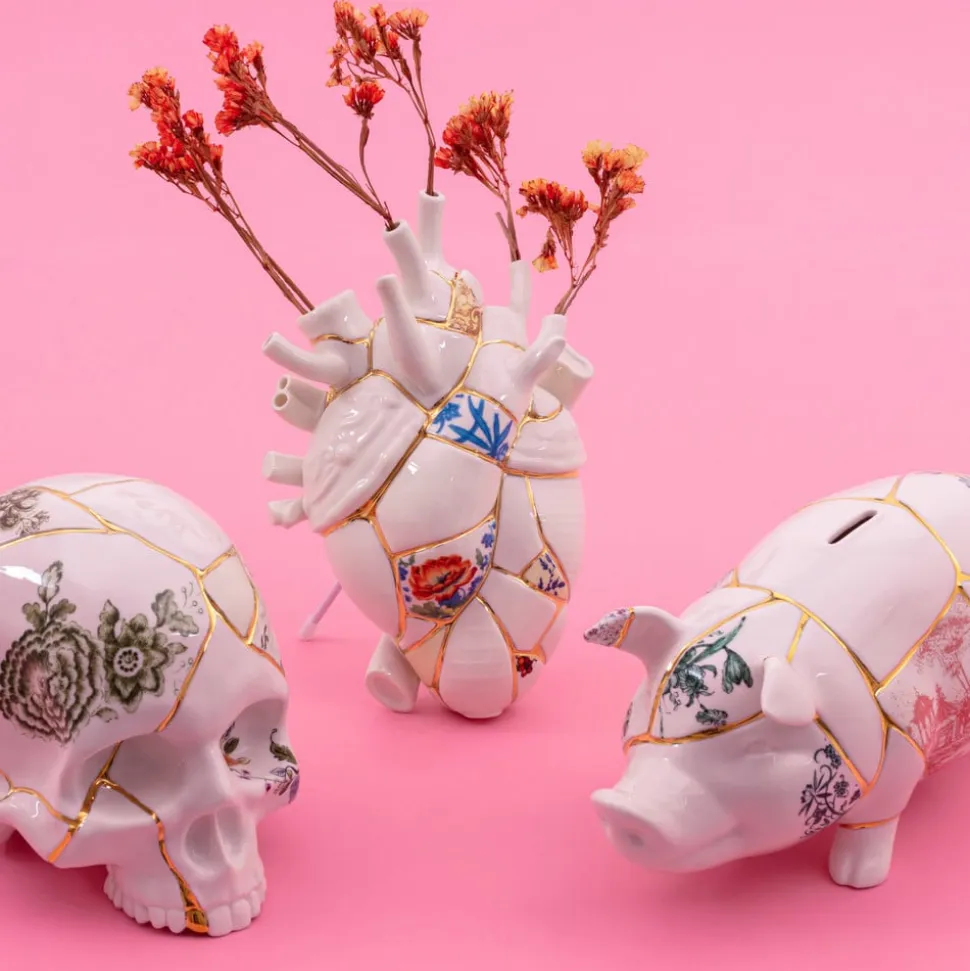 SELETTI Love in Bloom Kintsugi-vase, farverig, porcelæn, guld