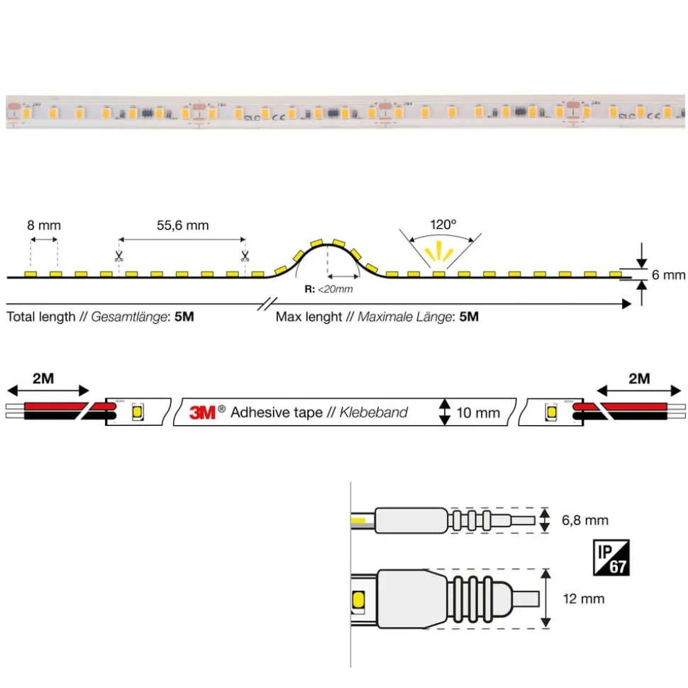SLC LED-Strip sauna op til 105°C, 24V IP67 5m 3.000K