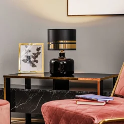 Tekstil bordlampe Bodo, sort-guld