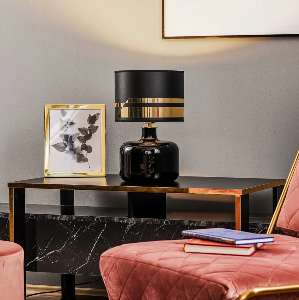 Tekstil bordlampe Bodo, sort-guld