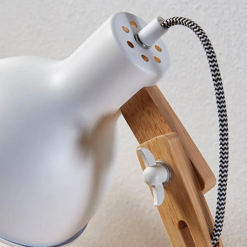 Træ-skrivebordslampe Shivanja med hvid skærm