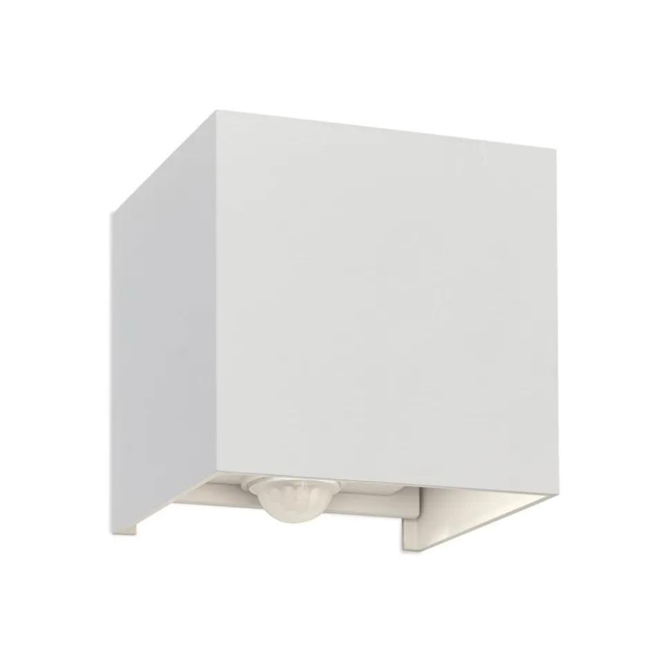 Udendørs væglampe Cube-S, hvid, metal, bevægelsessensor