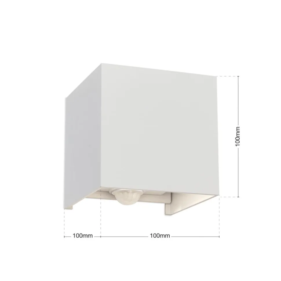 Udendørs væglampe Cube-S, hvid, metal, bevægelsessensor