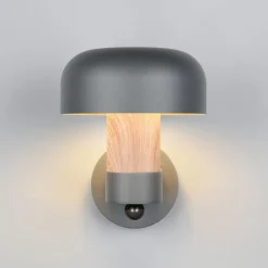 Udendørs væglampe Fraser Sensor, grå/trælook, aluminium IP54 E27