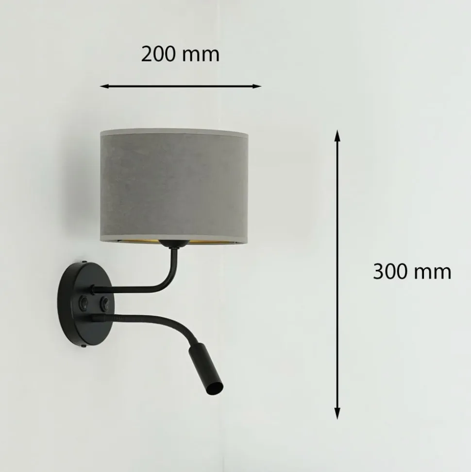 Væglampe Roller, fløjl grå, sort, med læselampe