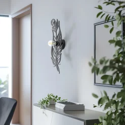 Væglampe W-030, sort, fjederdesign, MDF-træ, laserskåret