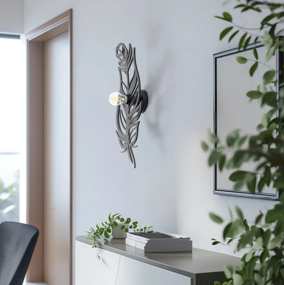Væglampe W-030, sort, fjederdesign, MDF-træ, laserskåret